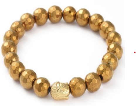 Faceted Hematite Bracelet, with Buddha's Head Alloy, Gold Color, 8 mm, 5 Pieces in a Pack #523