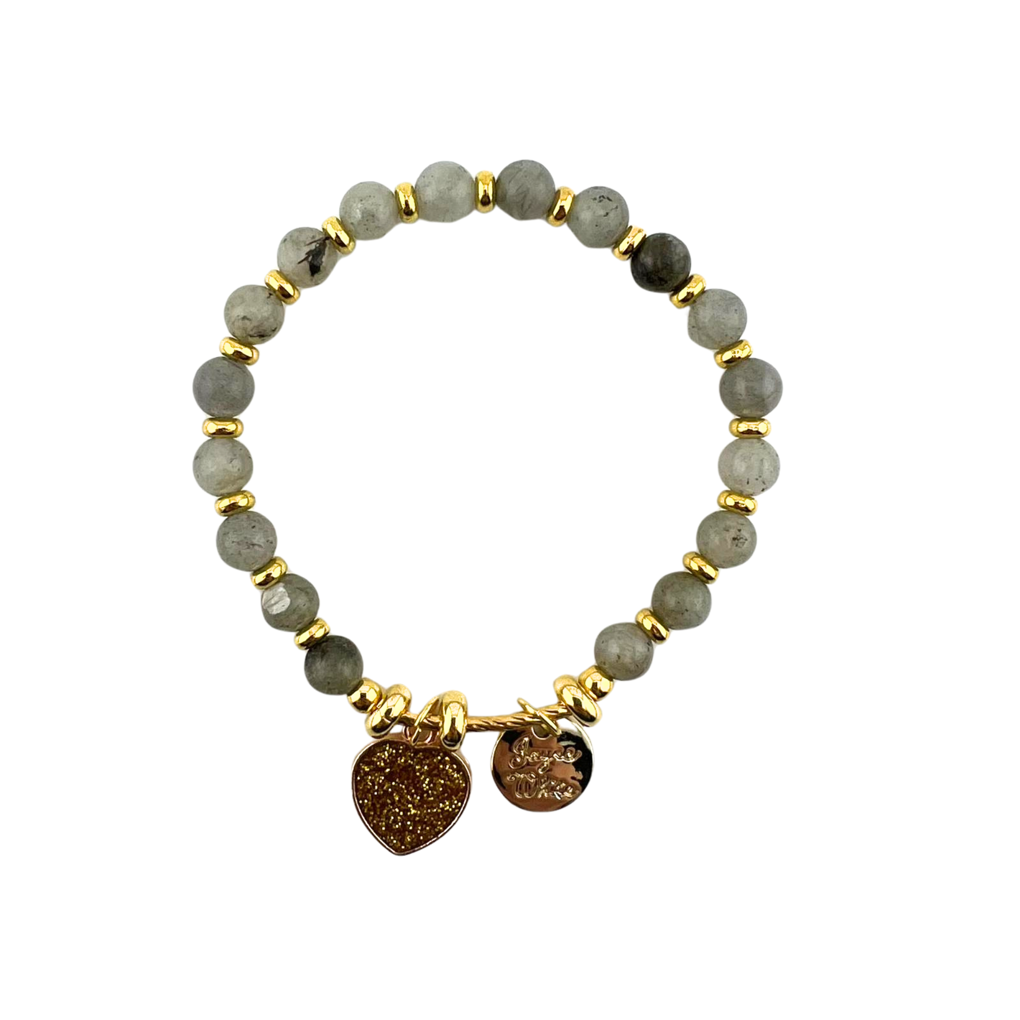 Labradorite Bracelet, with Heart Charm, Gold Color, 6 mm, 5 Pieces in a Pack #0530