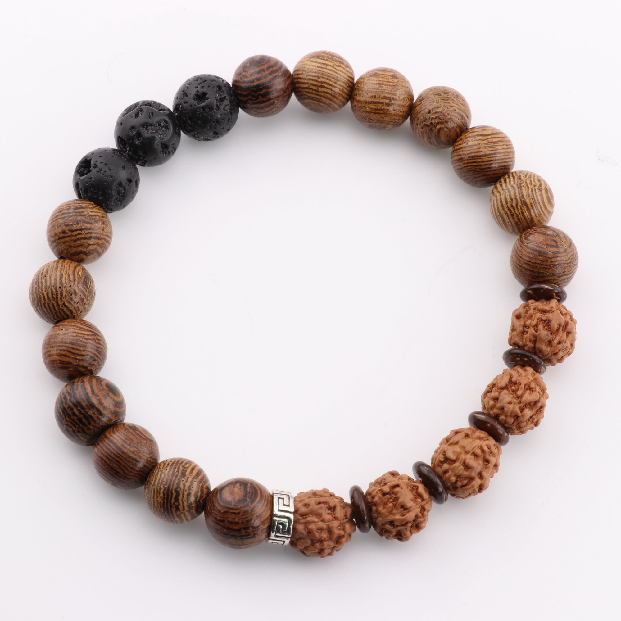 Natural Wenge Wood Bracelets, with Lava Stone Rudraksha, Coconut, Beads, 8mm, 5 Pieces in a Pack #532