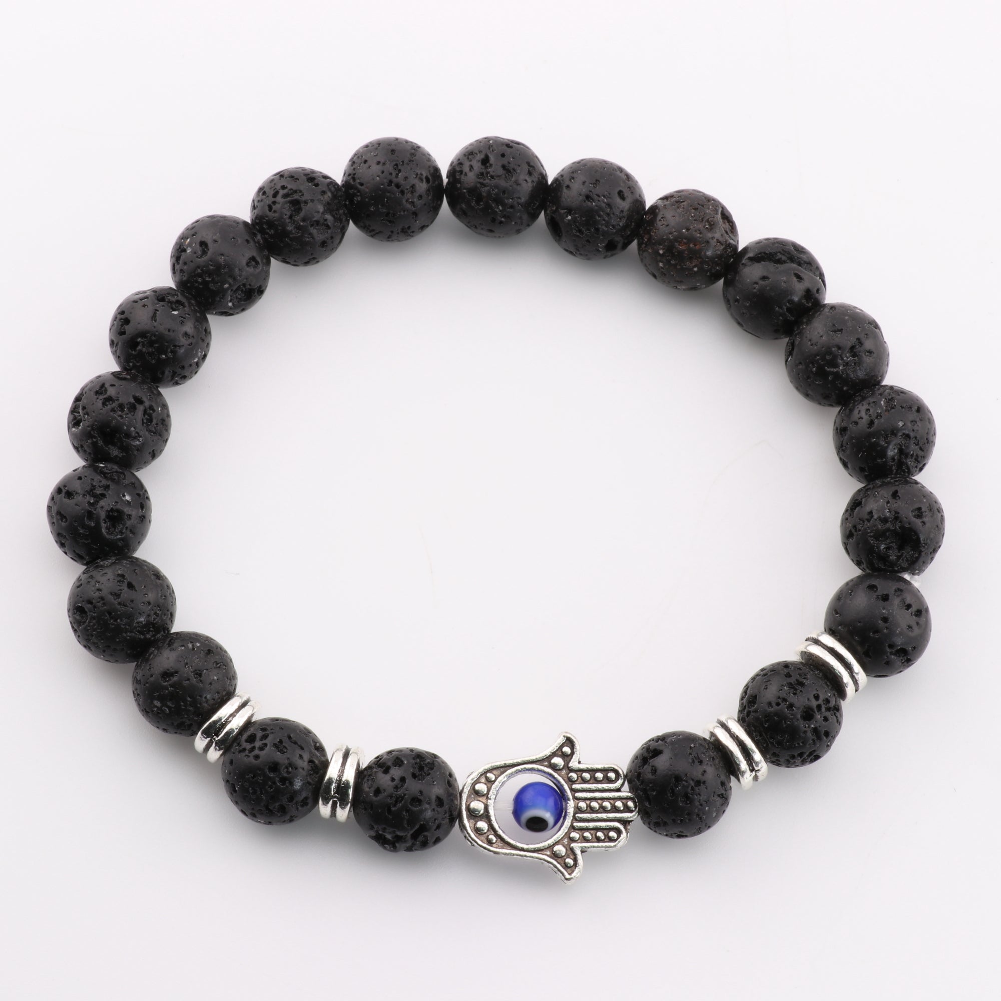 Lava Stone Bracelet, with Hamsa Hand Alloy, with Evil Eye, Silver Color, 8mm, 5 Pieces in a Pack #549