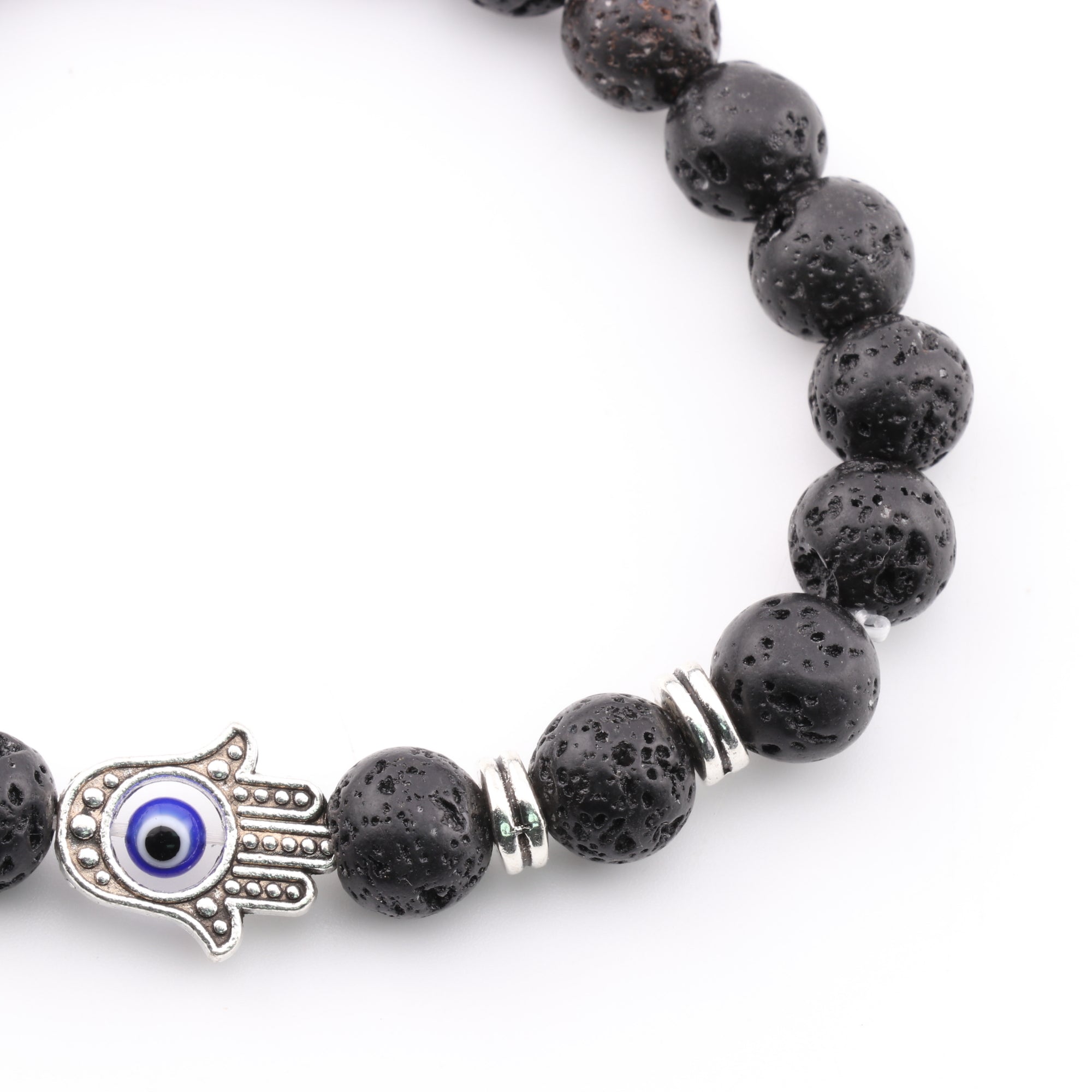 Lava Stone Bracelet, with Hamsa Hand Alloy, with Evil Eye, Silver Color, 8mm, 5 Pieces in a Pack #549