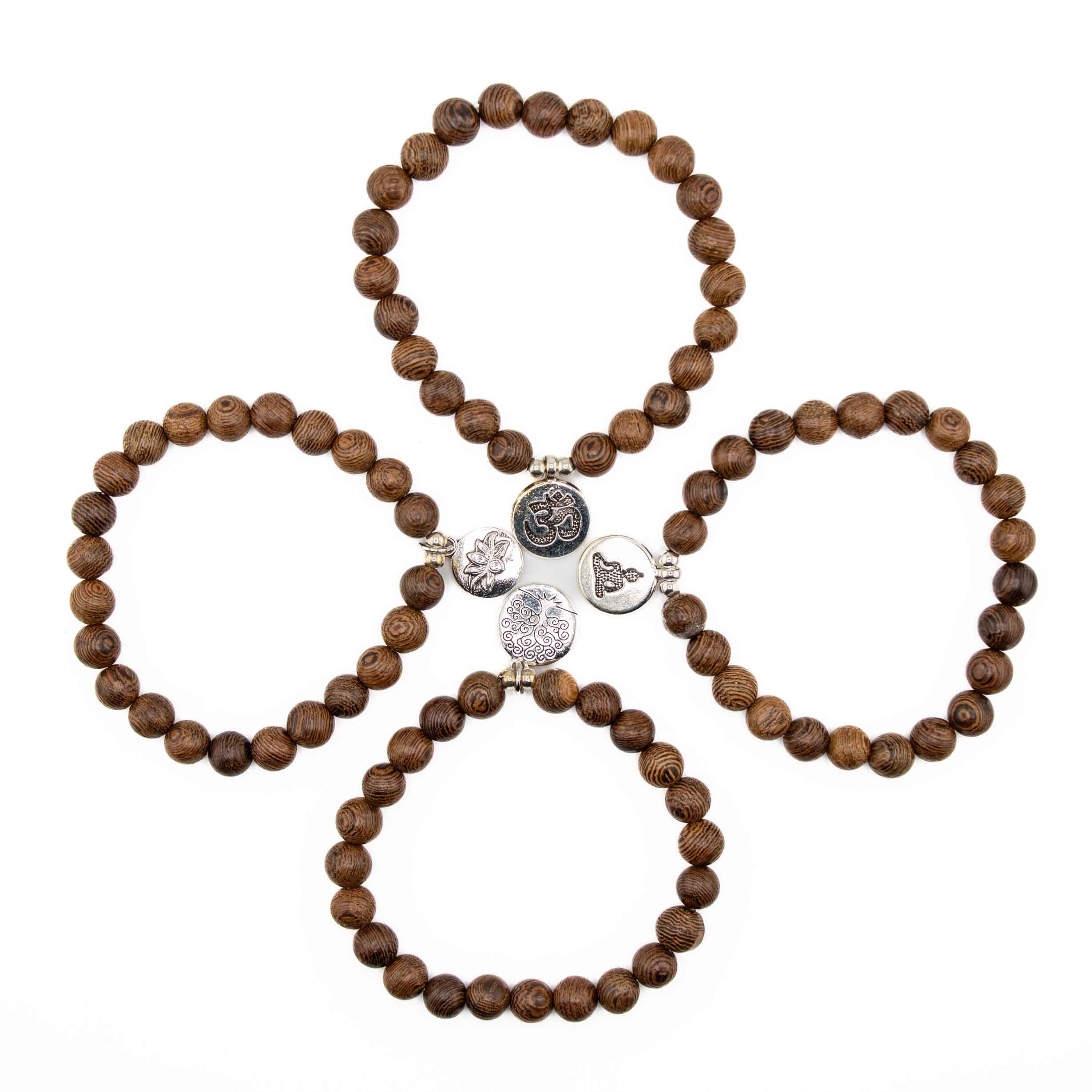 Wenge Wood & Charms Bracelet, 8mm, 5 Pieces in a Pack