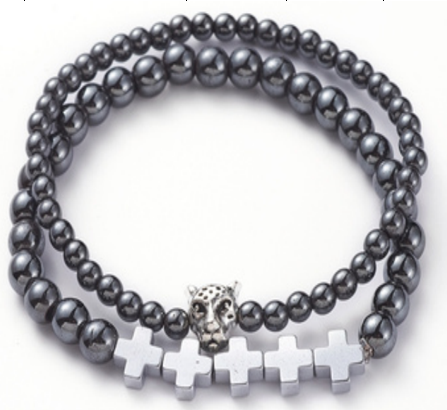 Hematite Bracelet Set, with Tiger Head Alloy, with Cross Alloy, 6 mm, 5 Sets in a Pack #516