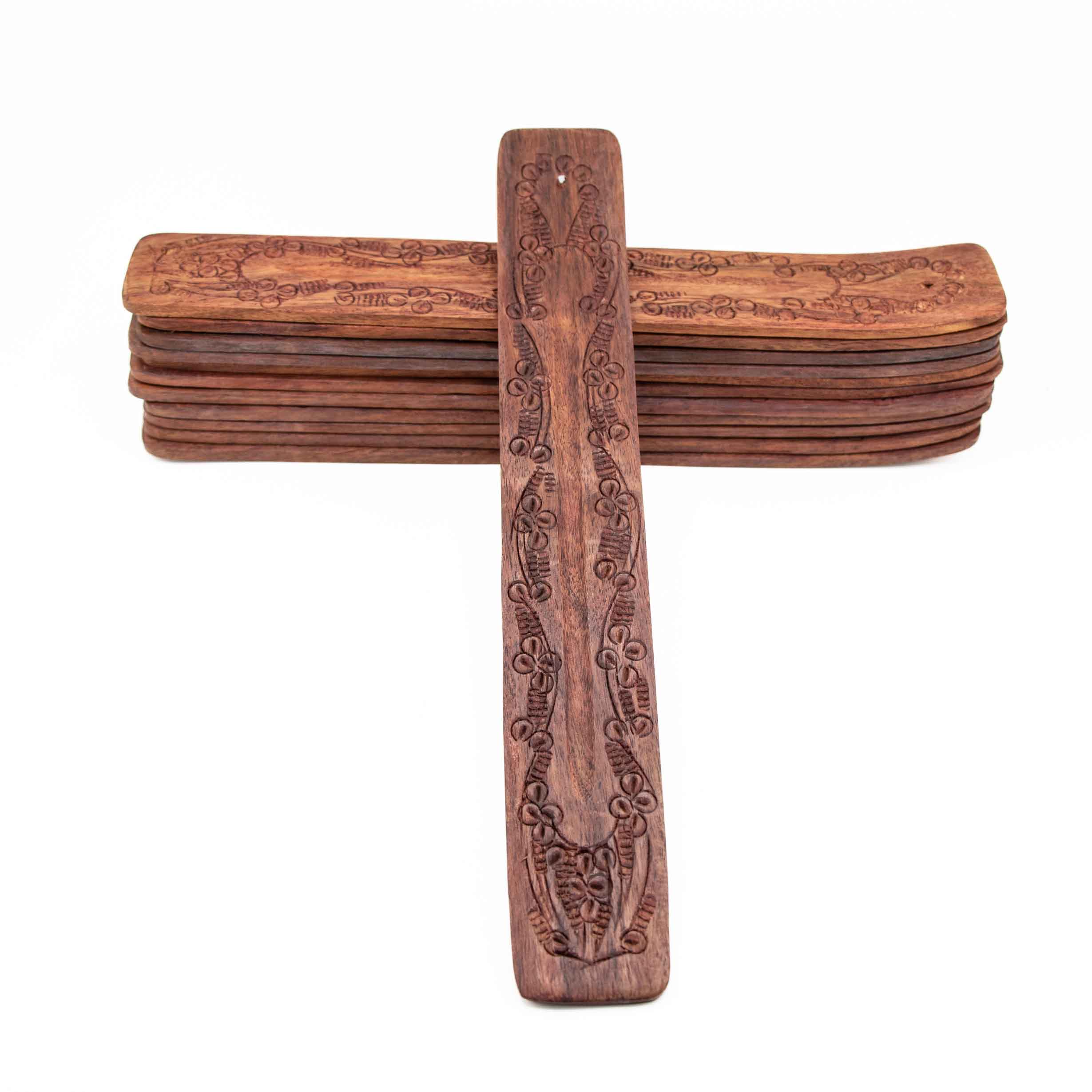 10" carved wood boat incense stick burner with floral vine engraving, shown as single piece and stacked bundle on white background.