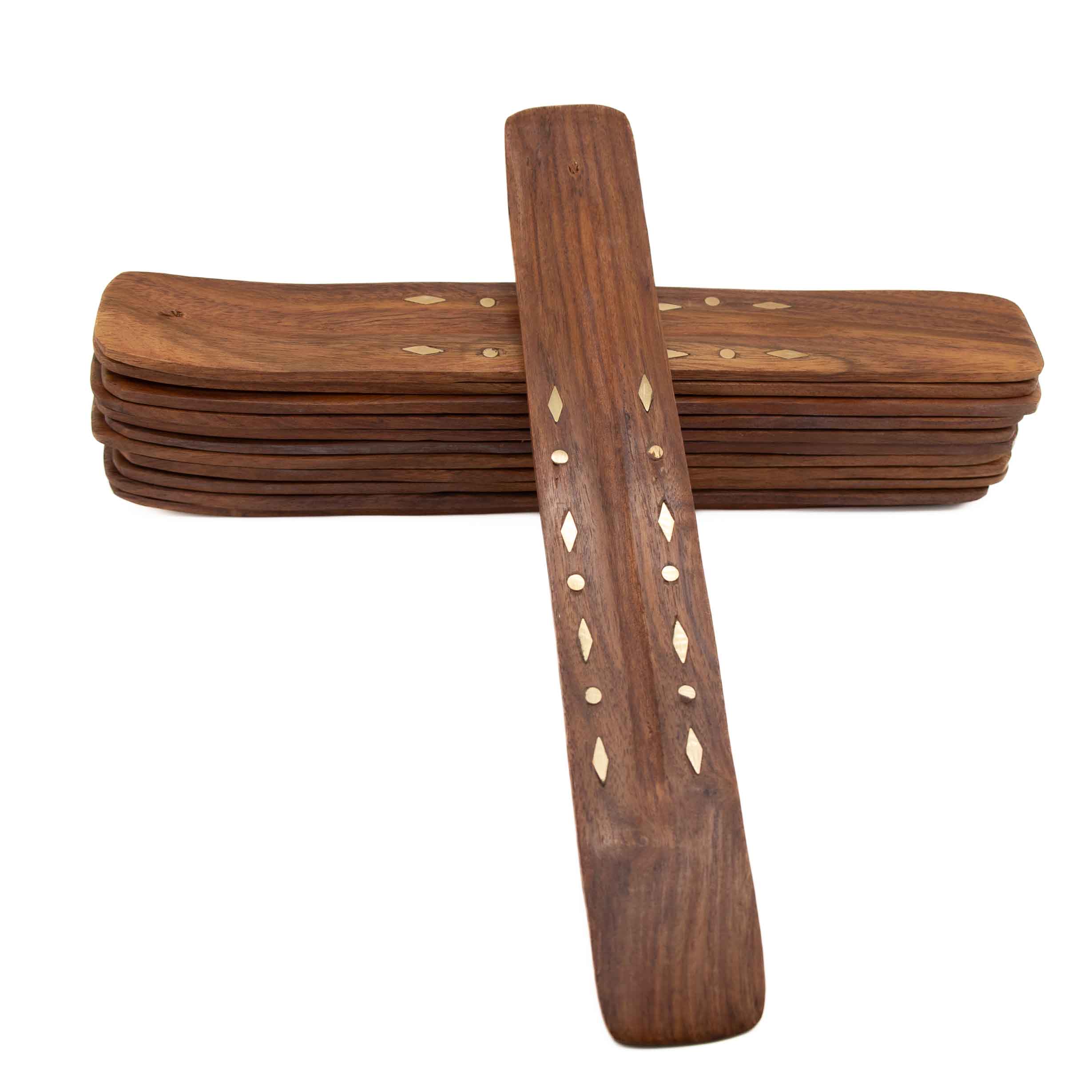 10" wooden boat incense stick burner with brass diamond inlay design, shown as single piece and stacked bundle on white background.