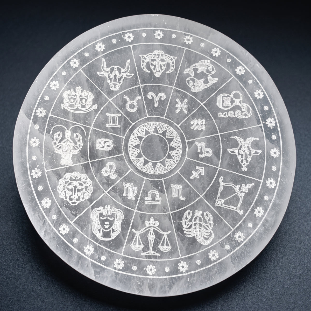 Selenite Engraved Round Zodiac Map Charging Plate, 5.5" Inch, 1 Piece