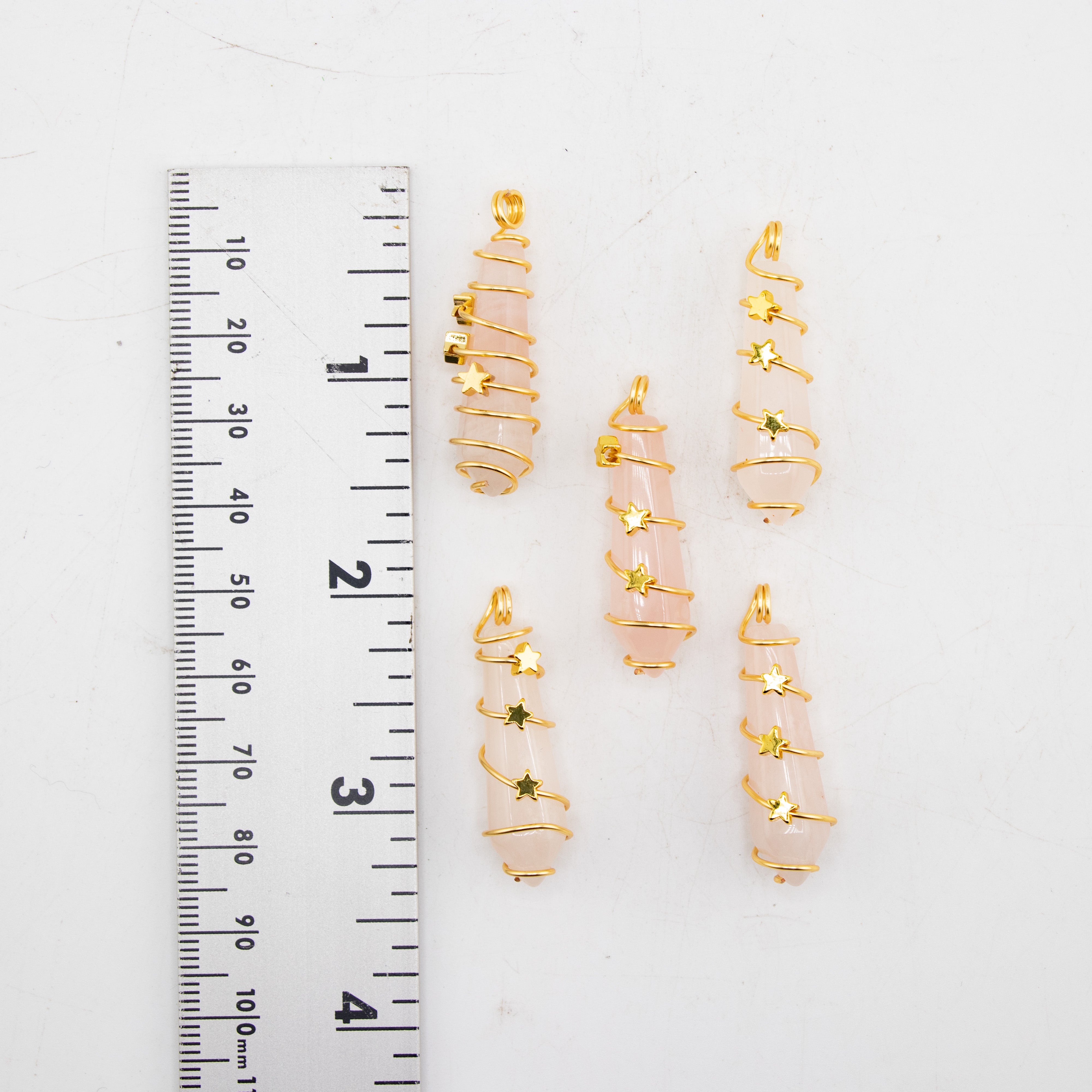 Gold Star Rose Quartz Point Wire Wrapped Pendant, 5 Pieces in a Pack