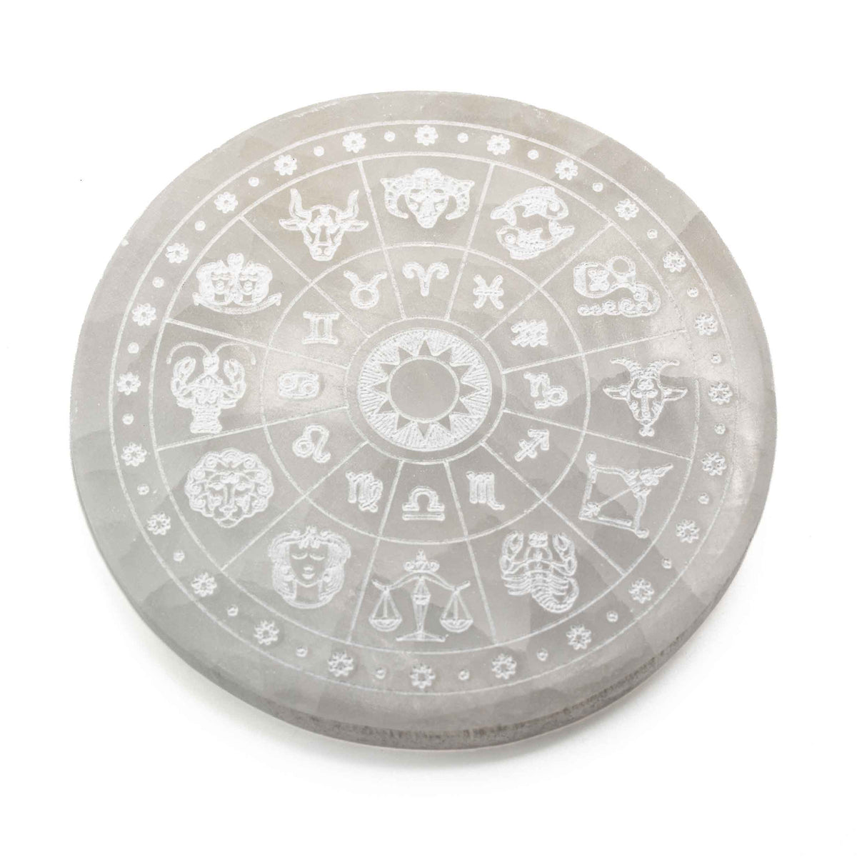 Selenite Engraved Round Zodiac Map Charging Plate, 5.5" Inch, 1 Piece
