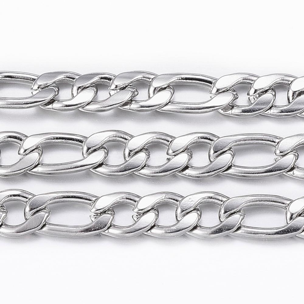 304 Stainless Steel Figaro Chains, Silver Color, 5.5~7x4x1mm, 65.61 Feet/roll