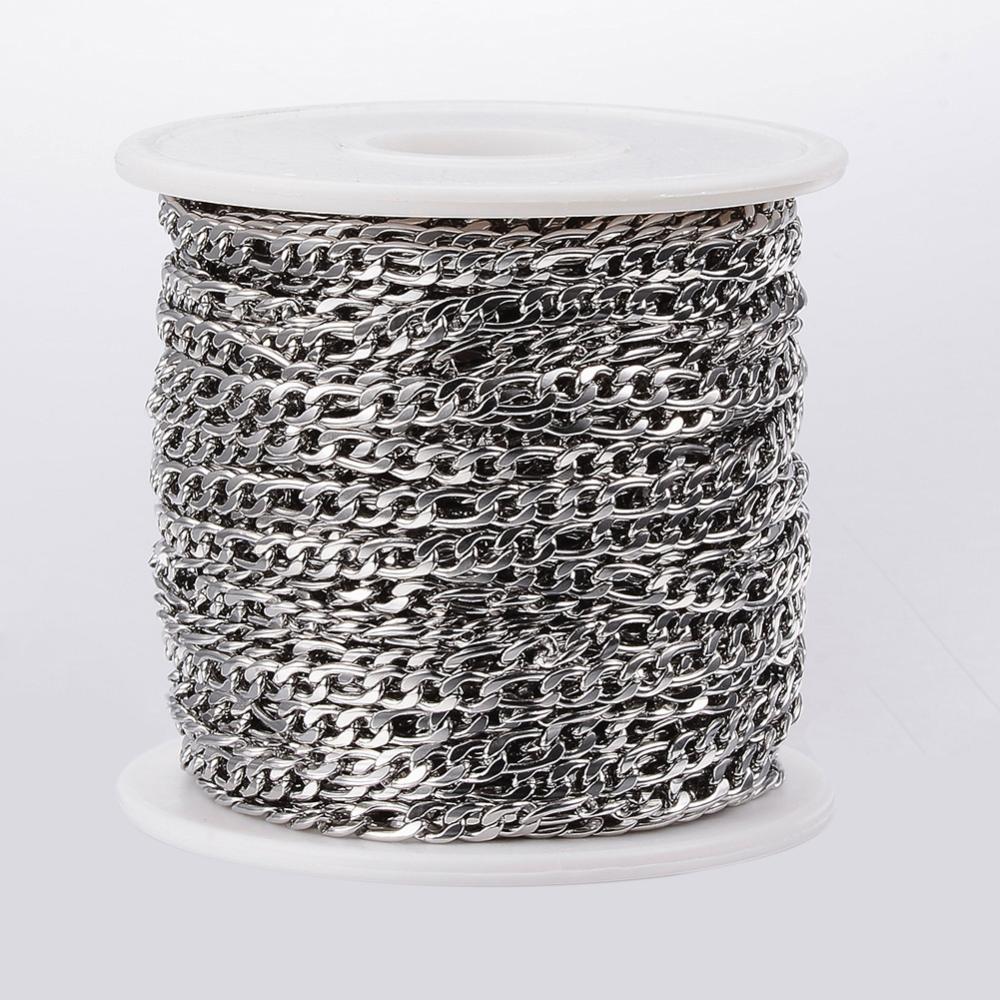 304 Stainless Steel Figaro Chains, Silver Color, 5.5~7x4x1mm, 65.61 Feet/roll