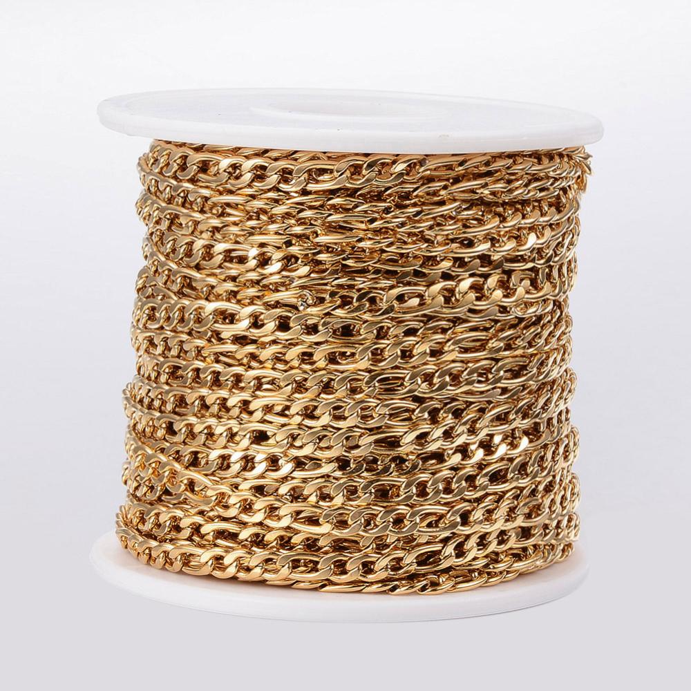 304 Stainless Steel Figaro Chains, Real 18K Gold Plated, 5.5~8x4x1mm, about 32.8 Feet/roll