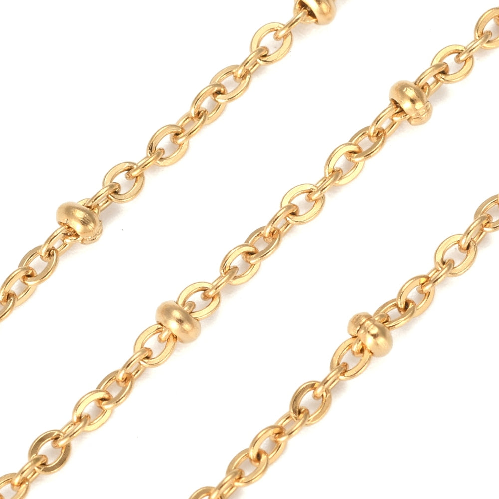 304 Stainless Steel Cable Chains, Gold Plated, 2.3x1.5mm, Beads: 2mm wide