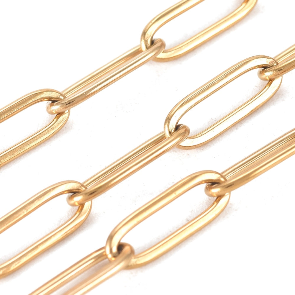 304 Stainless Steel Paperclip Chains, Gold Plated, Links: 12x4x1mm, 32.8 Feet/roll