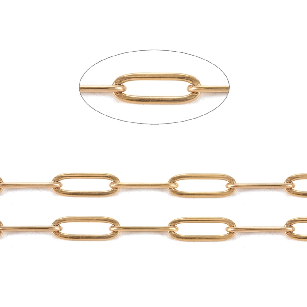 304 Stainless Steel Paperclip Chains, Gold Plated, Links: 12x4x1mm, 32.8 Feet/roll