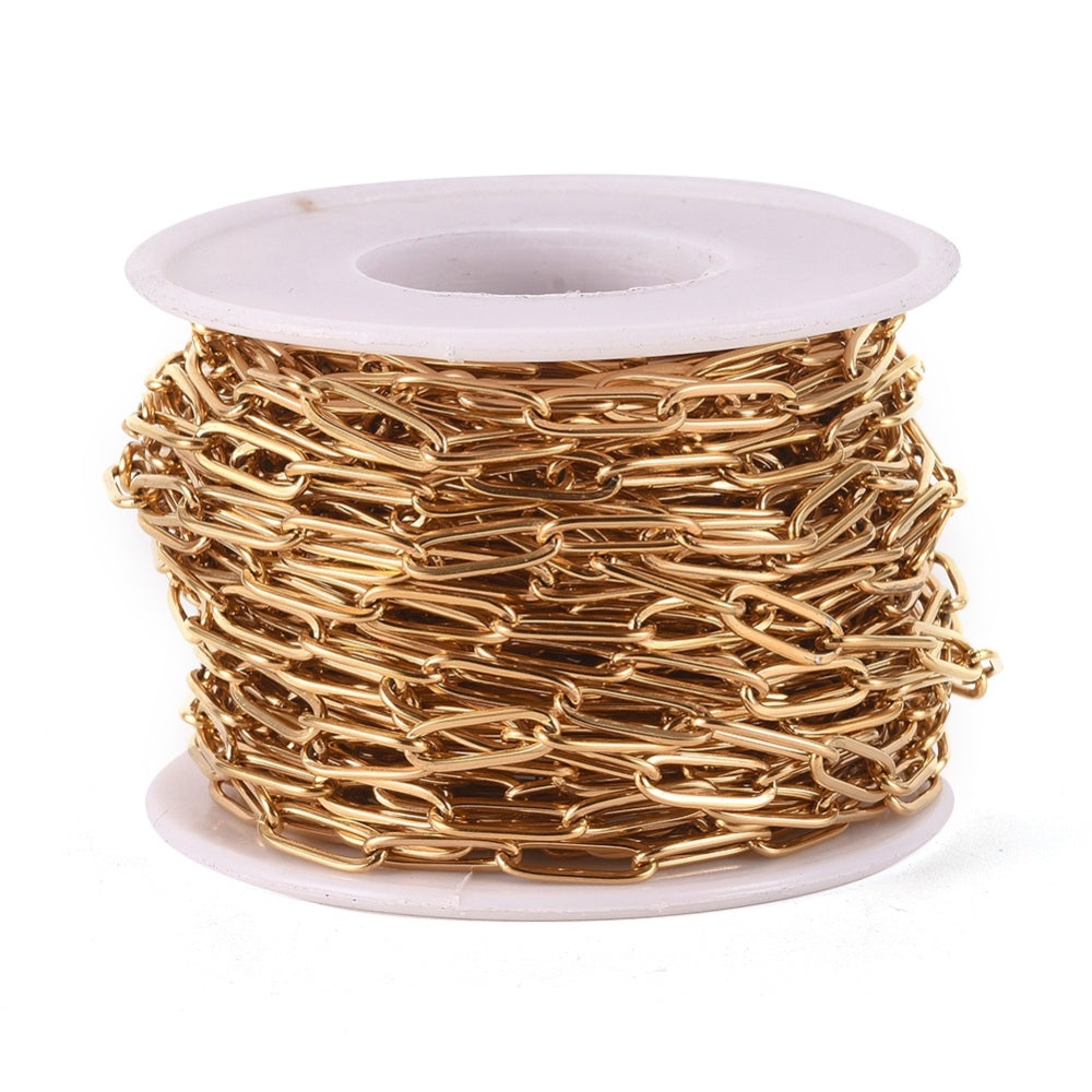 304 Stainless Steel Paperclip Chains, Gold Plated, Links: 12x4x1mm, 32.8 Feet/roll