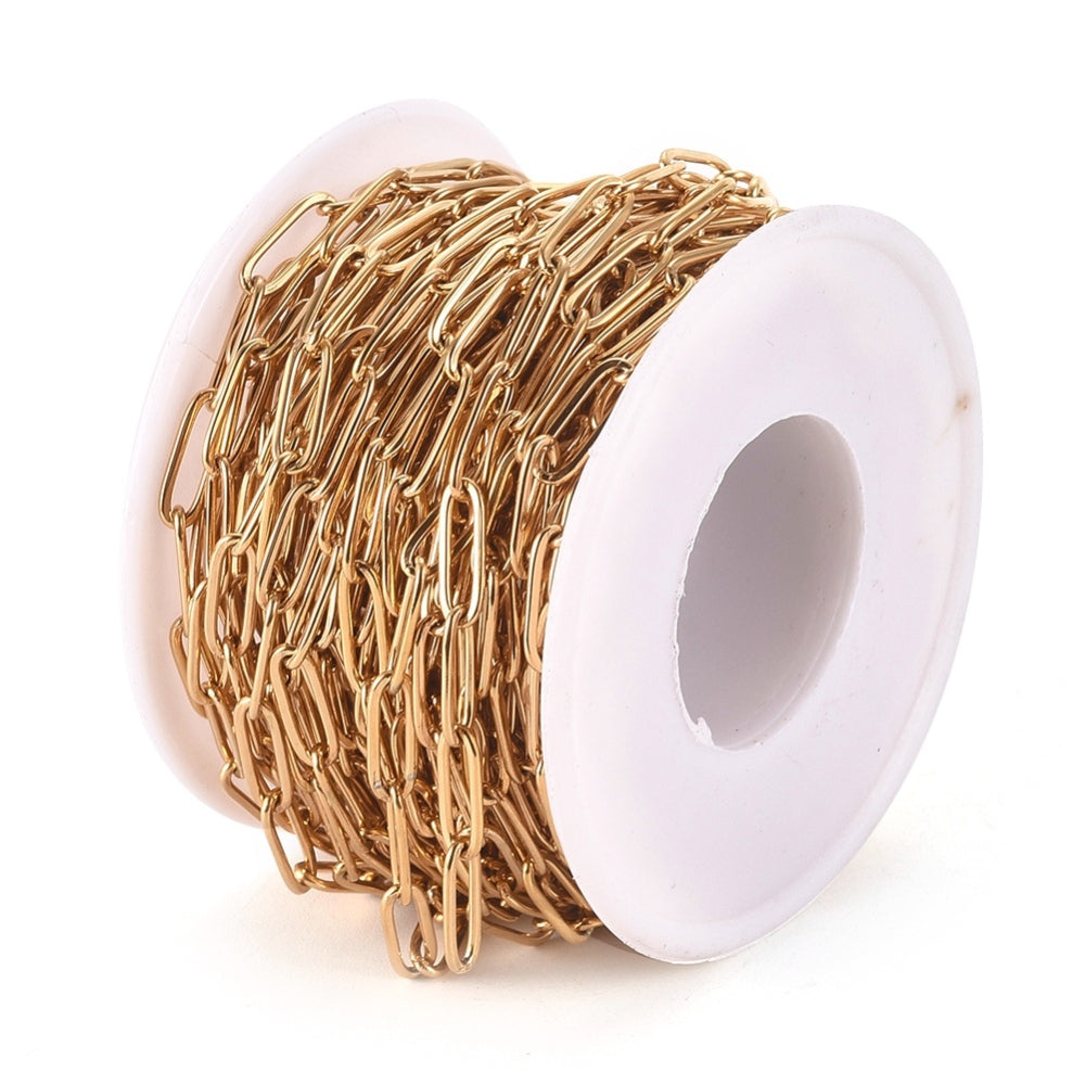 304 Stainless Steel Paperclip Chains, Gold Plated, Links: 12x4x1mm, 32.8 Feet/roll
