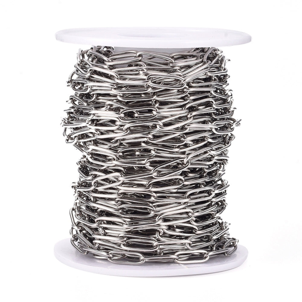 Tarnish Resistant 304 Stainless Steel Paperclip Chains, 12x4x1mm, 32.8 Feet/roll