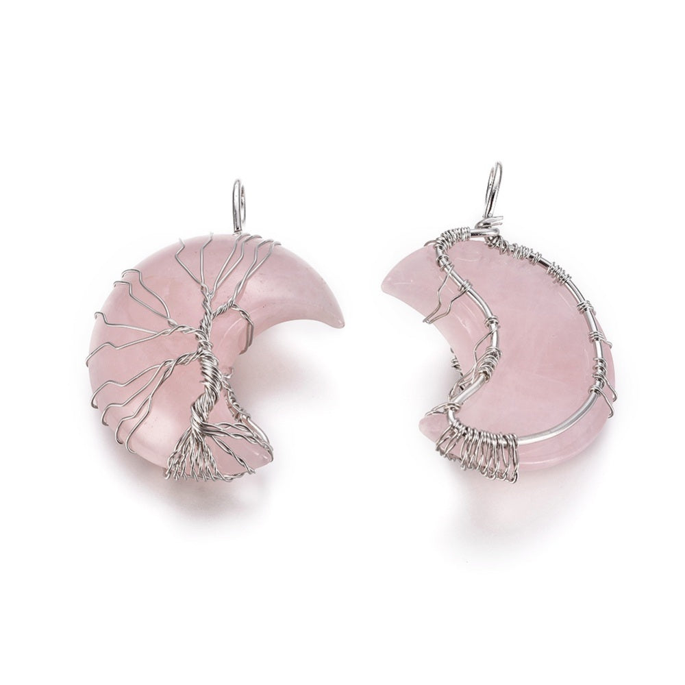 Silver Wrapped Rose Quartz Moon Shaped Pendants, 5 Pieces in a Pack