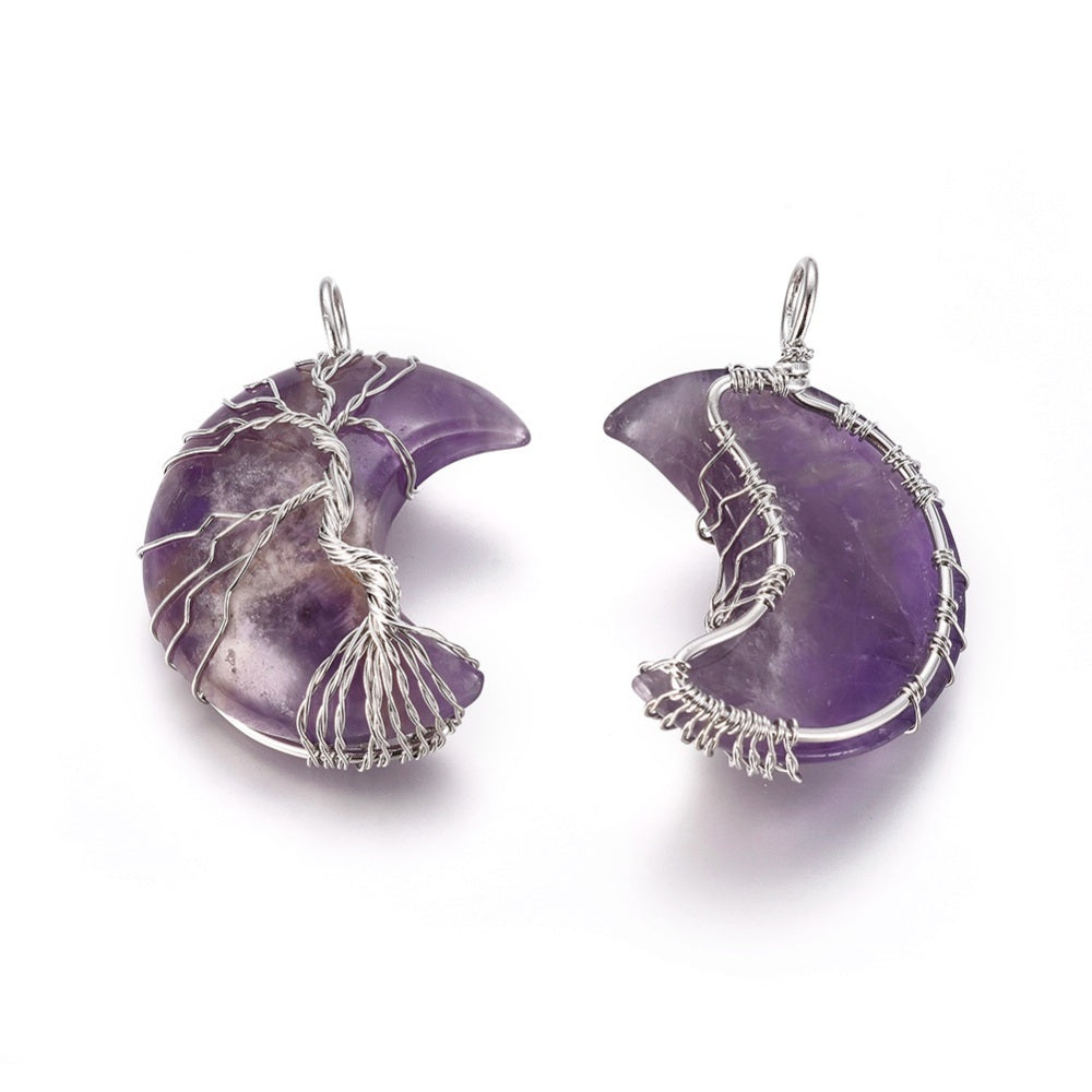 Silver Wrapped Amethyst Moon Shaped Pendants, 5 Pieces in a Pack