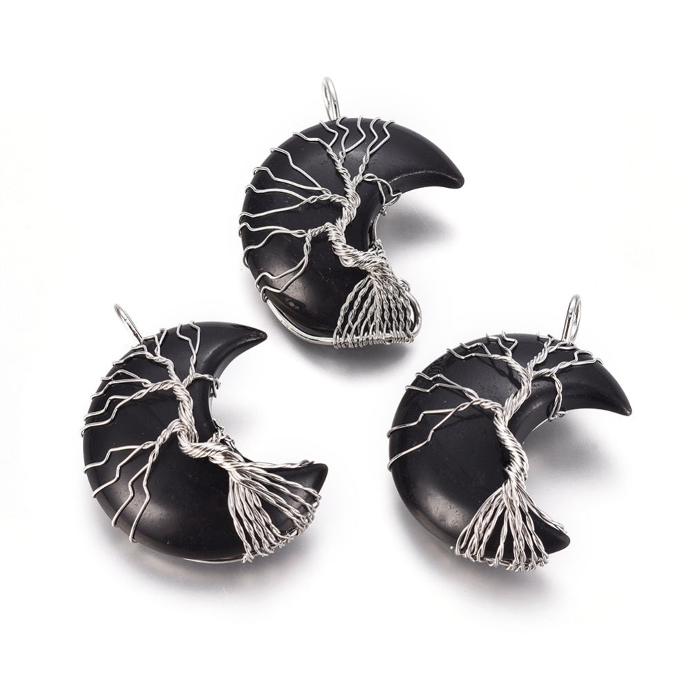 Silver Wrapped Obsidian Moon Shaped Pendants, 5 Pieces in a Pack