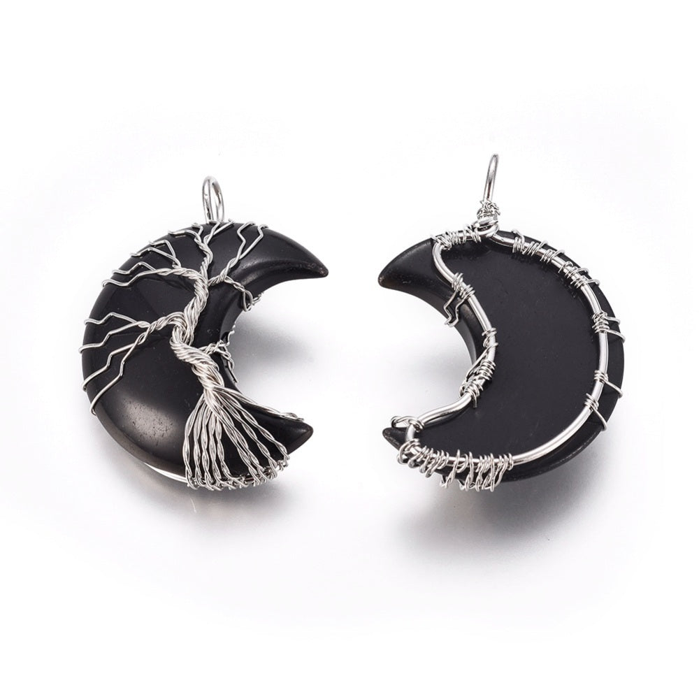 Silver Wrapped Obsidian Moon Shaped Pendants, 5 Pieces in a Pack