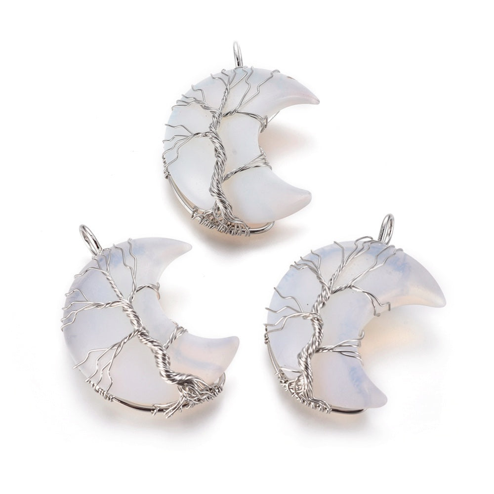 Silver Wrapped Opalite Moon Shaped Pendants, 5 Pieces in a Pack