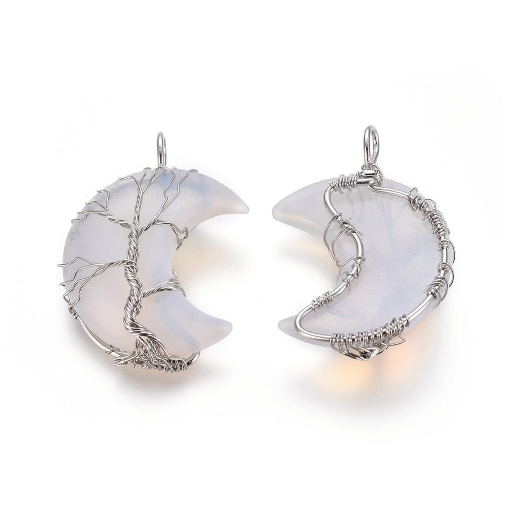 Silver Wrapped Opalite Moon Shaped Pendants, 5 Pieces in a Pack
