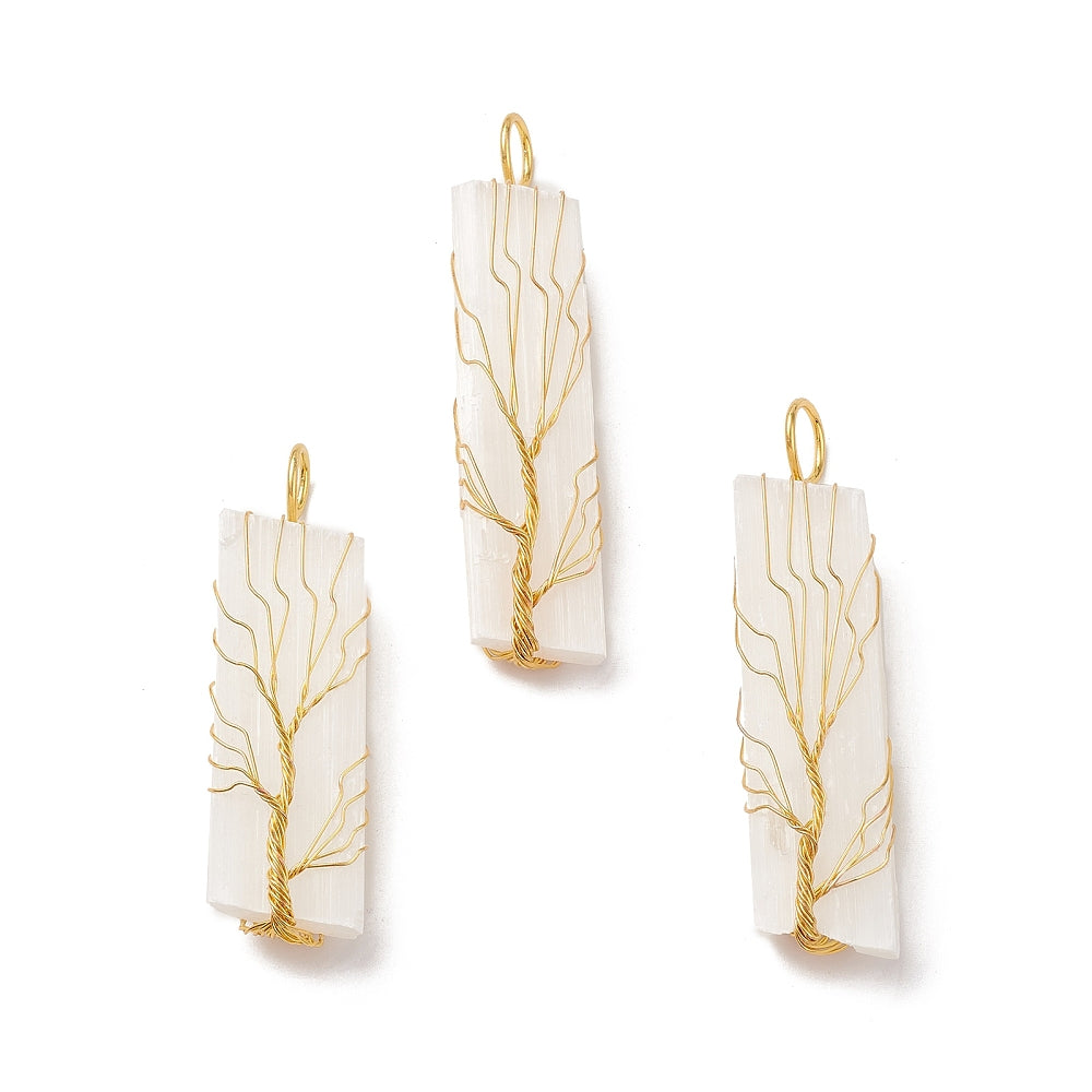 Wire Wrapped Selenite Tree Pendants, 5 Pieces in a Pack