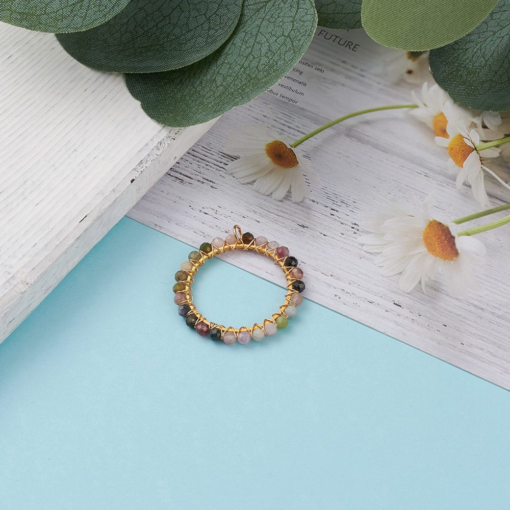 Gold Wrapped Round Tourmaline Pendants, 5 Pieces in a Pack