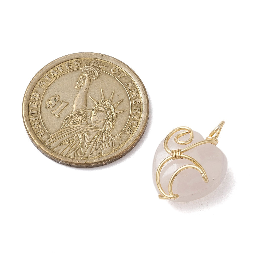 Gold Wrapped Rose Quartz Heart Shaped Pendants, 5 Pieces in a Pack