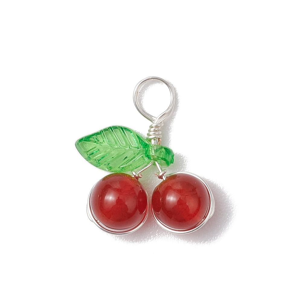 Silver Wrapped Beaded Cherry Pendants, 5 Pieces in a Pack