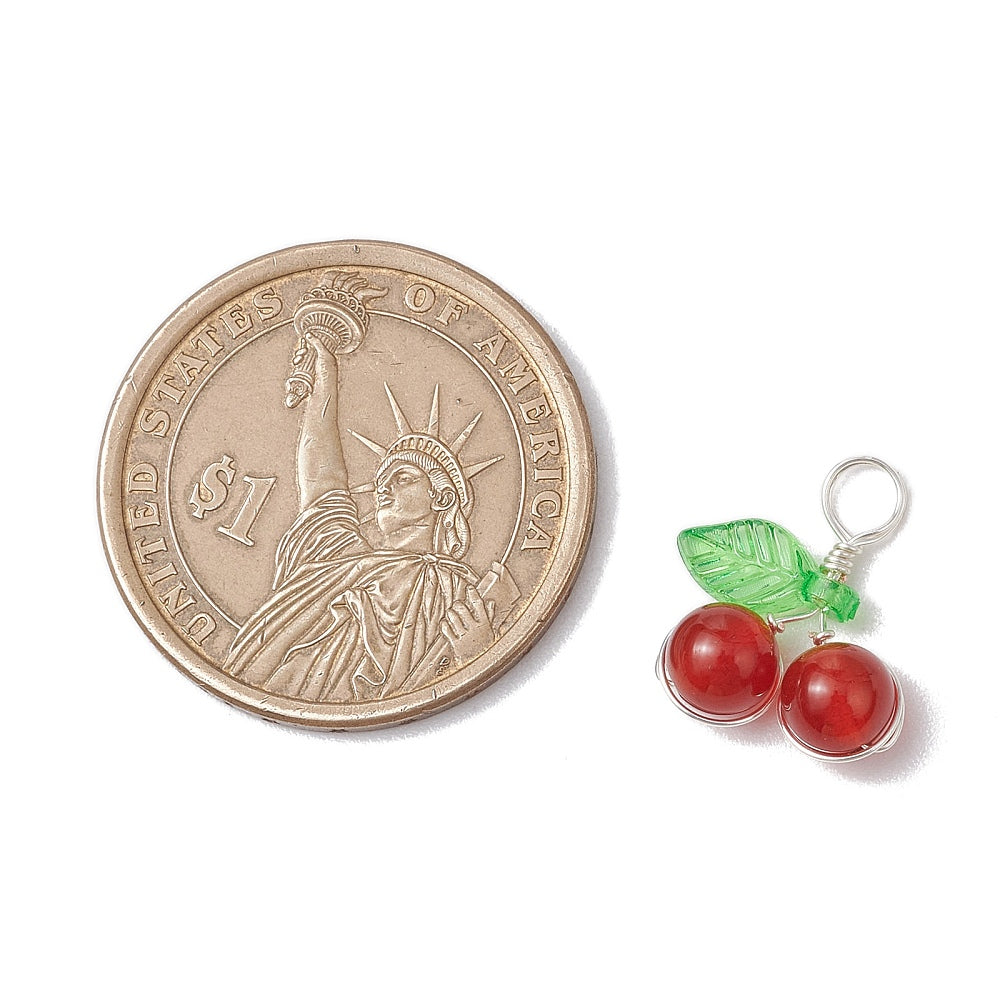 Silver Wrapped Beaded Cherry Pendants, 5 Pieces in a Pack