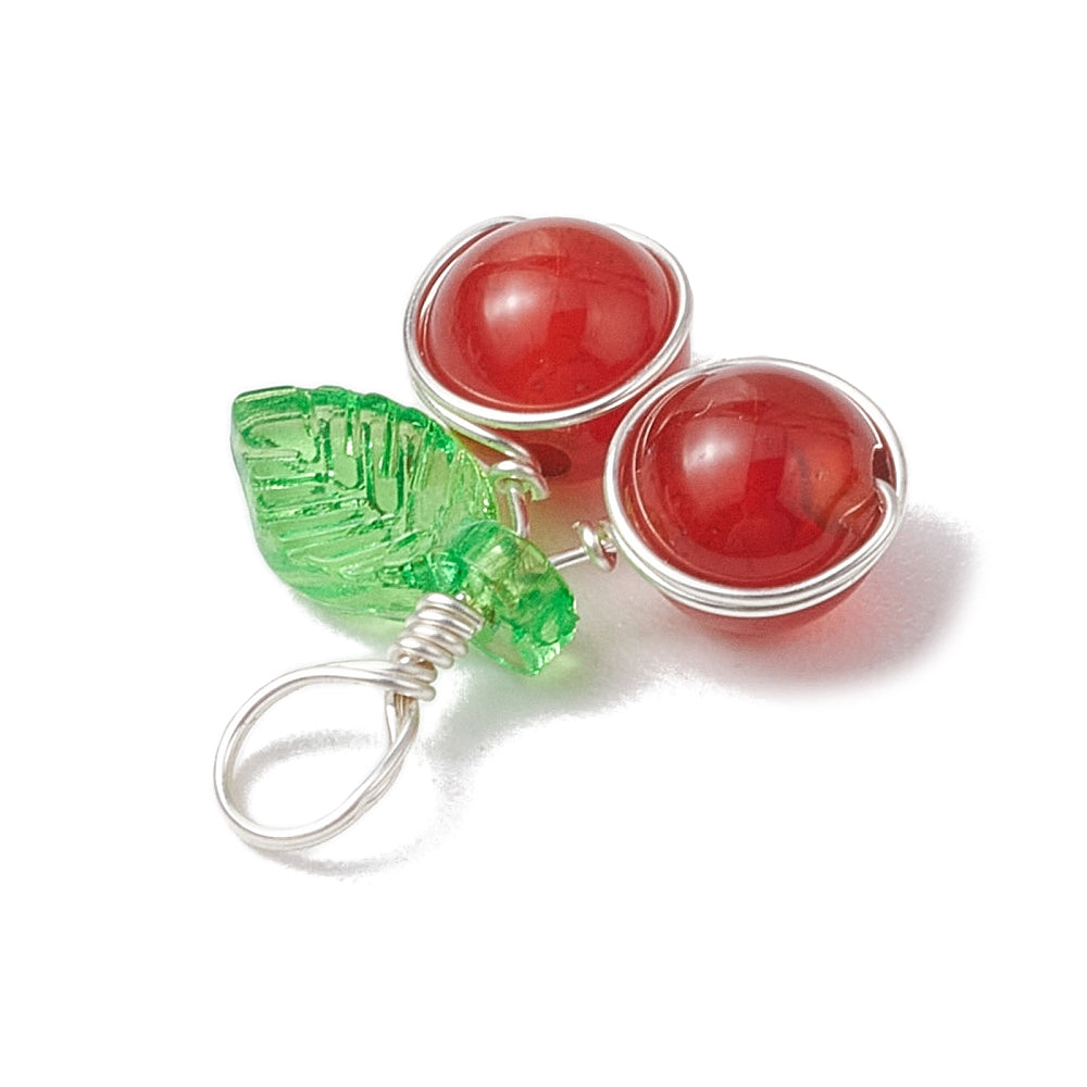 Silver Wrapped Beaded Cherry Pendants, 5 Pieces in a Pack