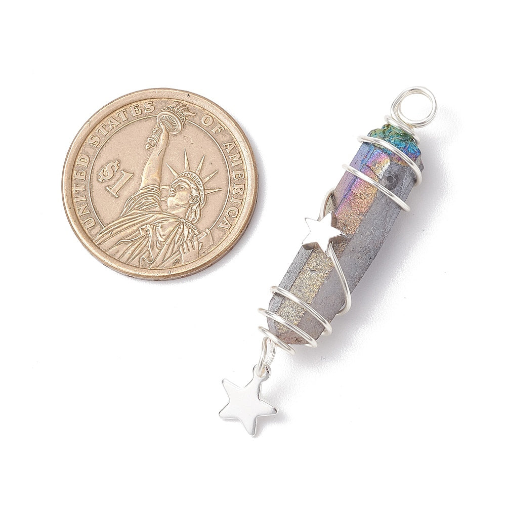 Silver Wrapped Titanium Quartz Pendants with Charms, 5 Pieces in a Pack