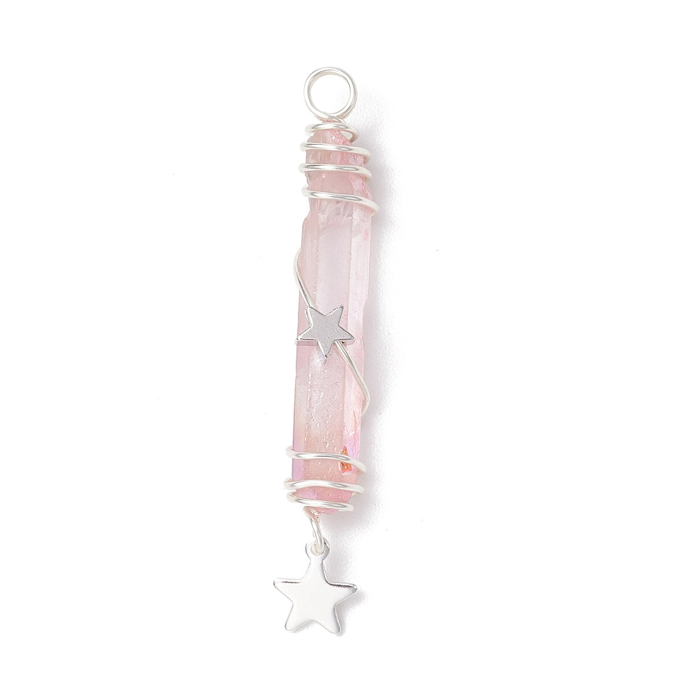 Silver Wrapped Pink Aurora Quartz Pendants with Charms, 5 Pieces in a Pack
