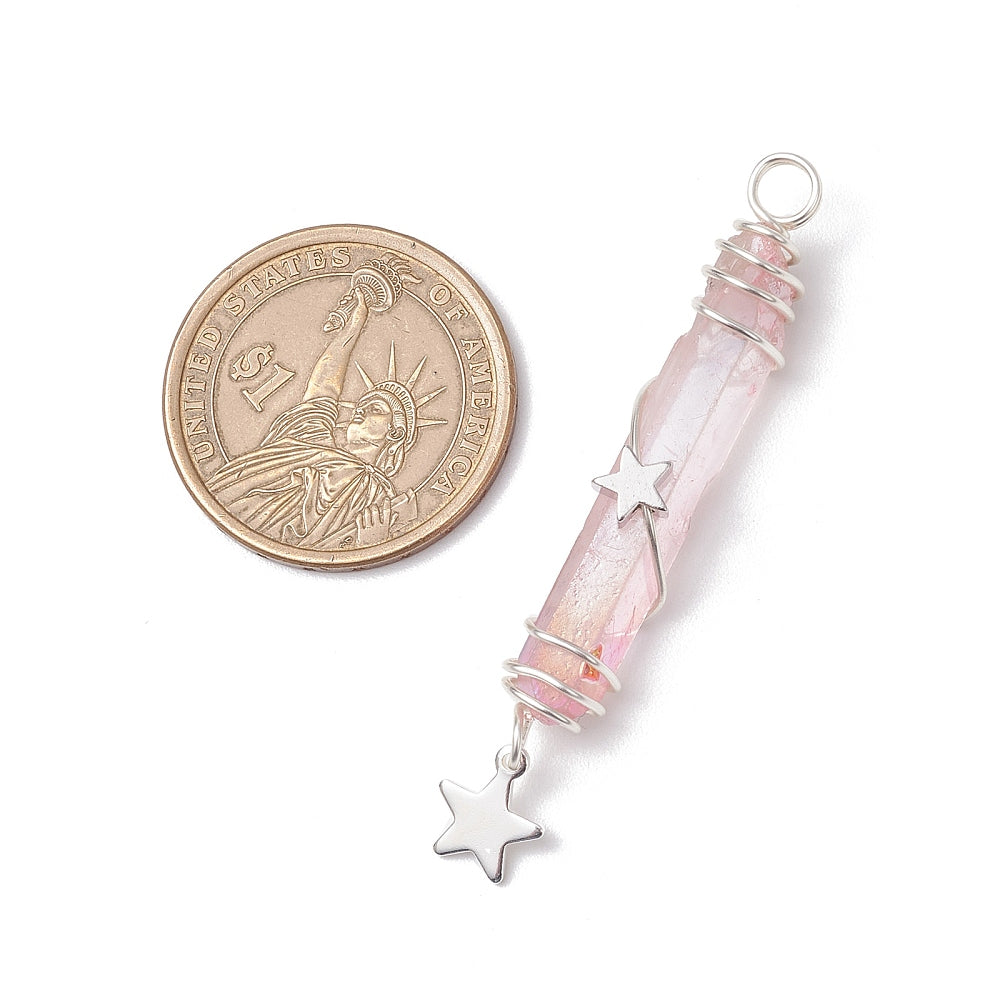 Silver Wrapped Pink Aurora Quartz Pendants with Charms, 5 Pieces in a Pack