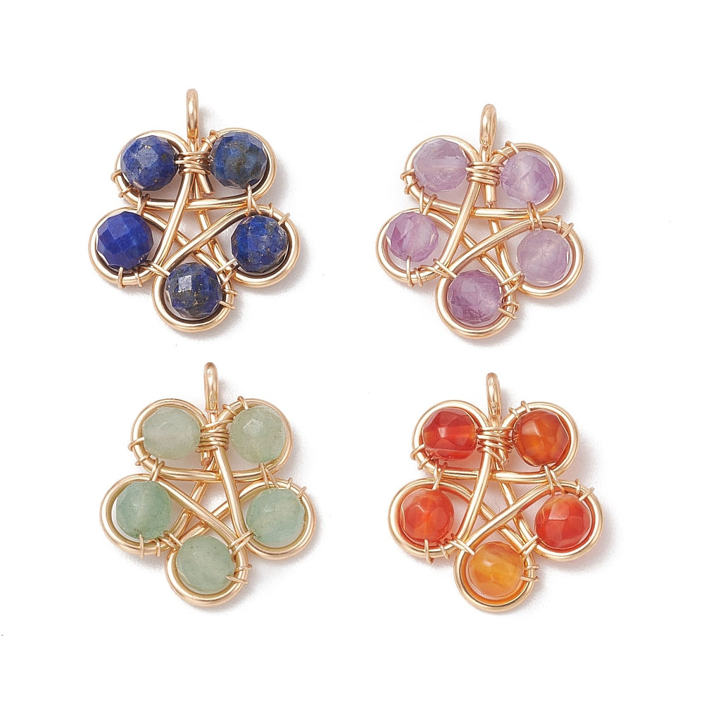 Gold Wrapped Beaded Clover Pendants, 5 Pieces in a Pack