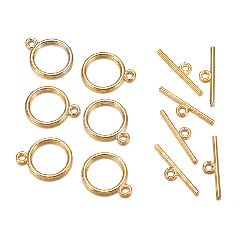 Tibetan Style Toggle Clasps, Golden, Flat Round: 15x2mm, Hole: 2mm, Bar: 21, 200 Pieces in a Pack