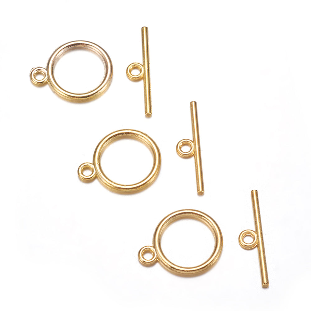 Tibetan Style Toggle Clasps, Golden, Flat Round: 15x2mm, Hole: 2mm, Bar: 21, 200 Pieces in a Pack
