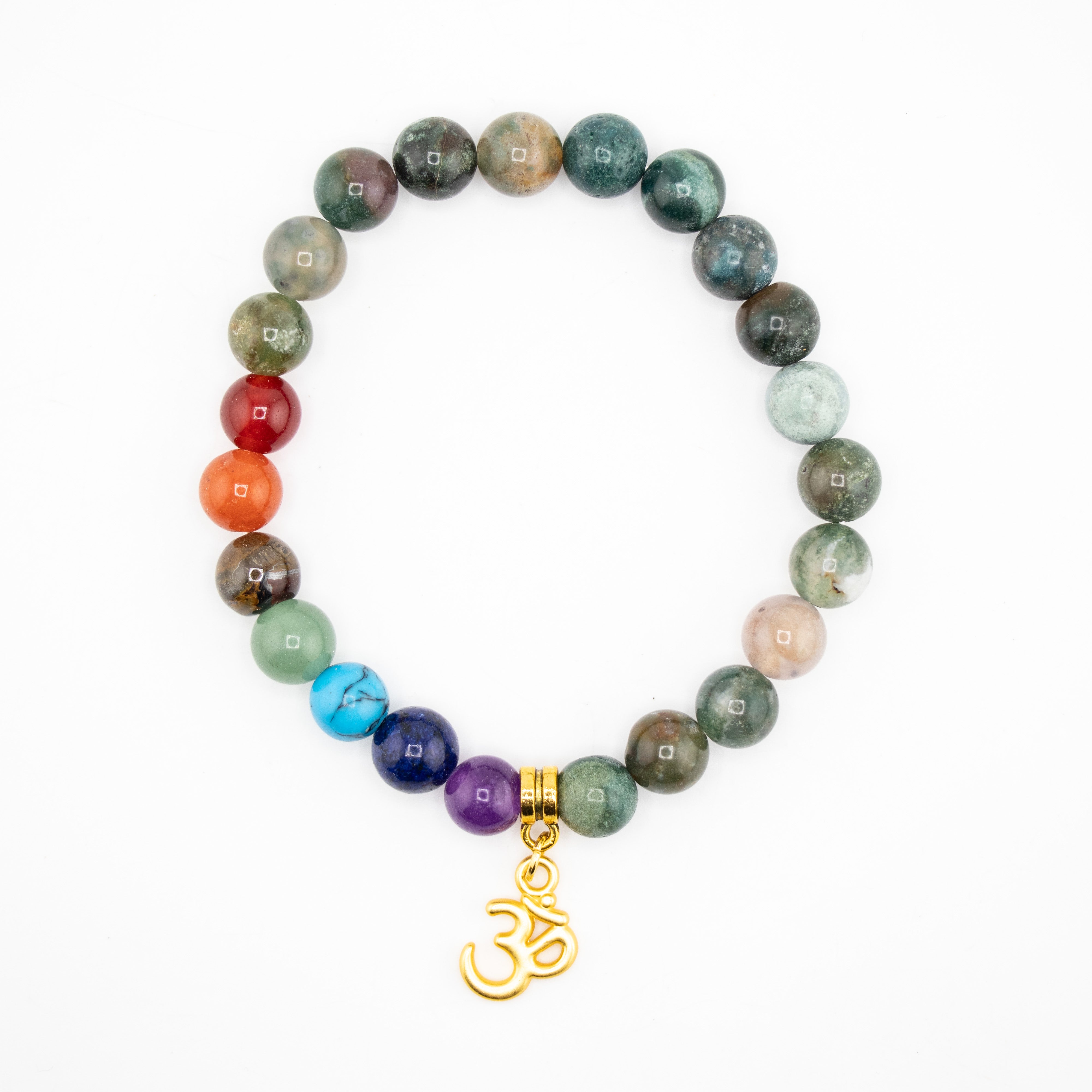 Indian Agate & Chakra Bracelet, 8mm, 5 Pieces in a Pack