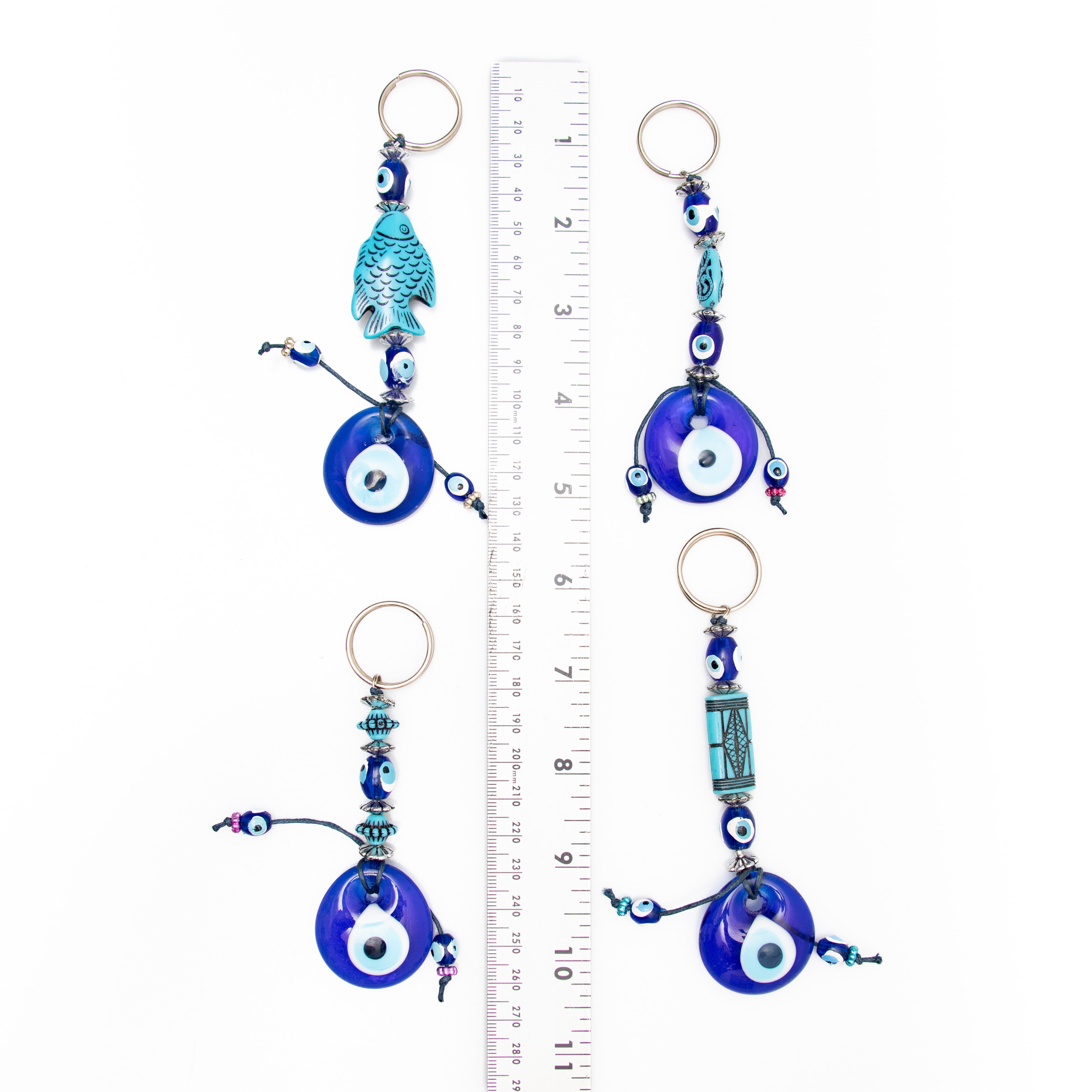 Evil Eye Key Chain with Ceramic Assorted Figures, 10 Pieces in a Pack