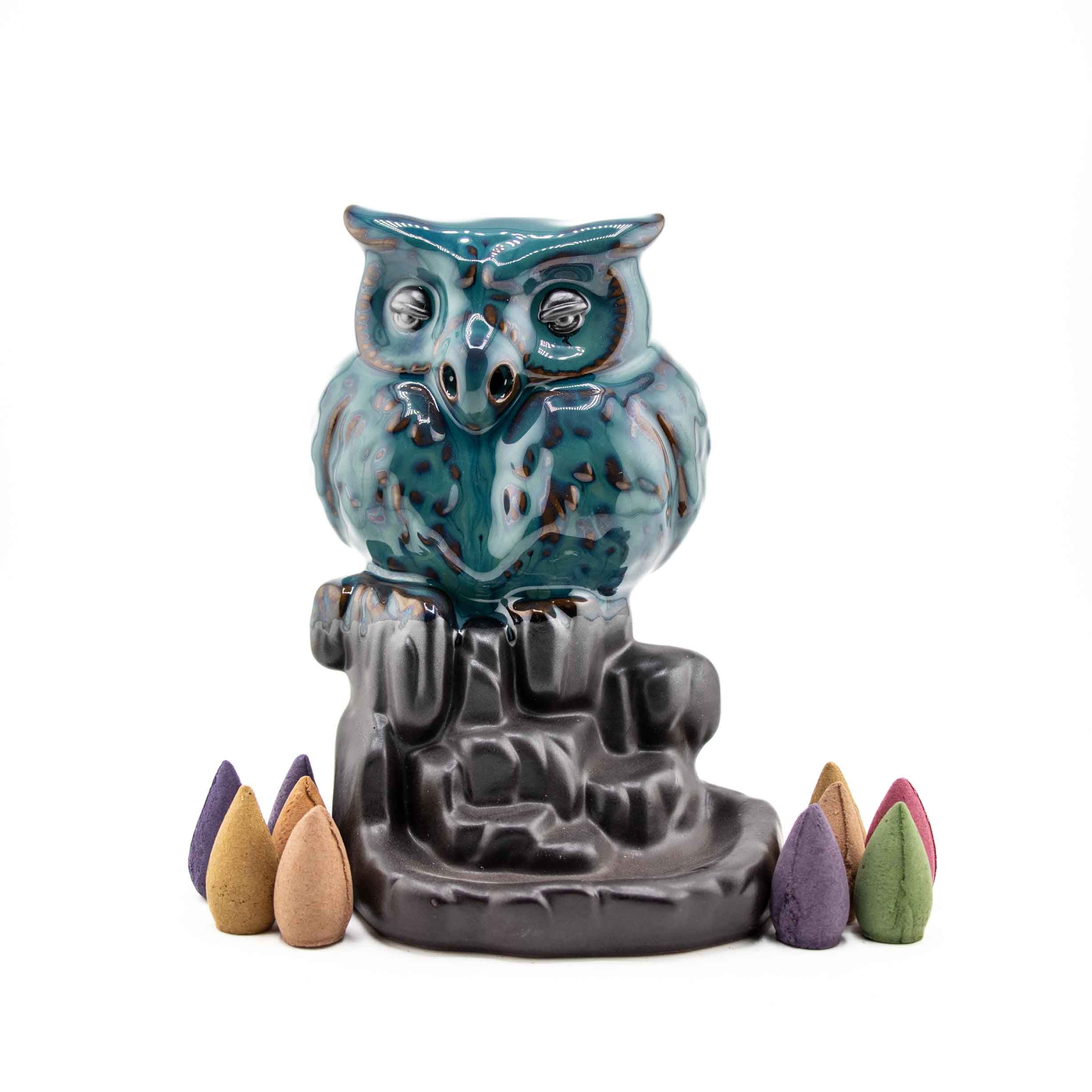 Teal ceramic owl backflow incense cone burner, 5.5"H x 4"W, displayed with assorted colored incense cones on white background.
