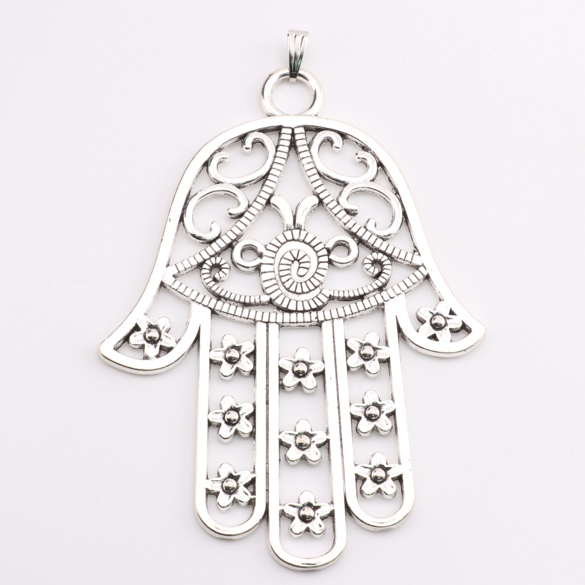 Hamsa Hand Shaped Brass Pendant, Metal, Silver Color, 3.3" inch 5 Pieces in a Pack, #114