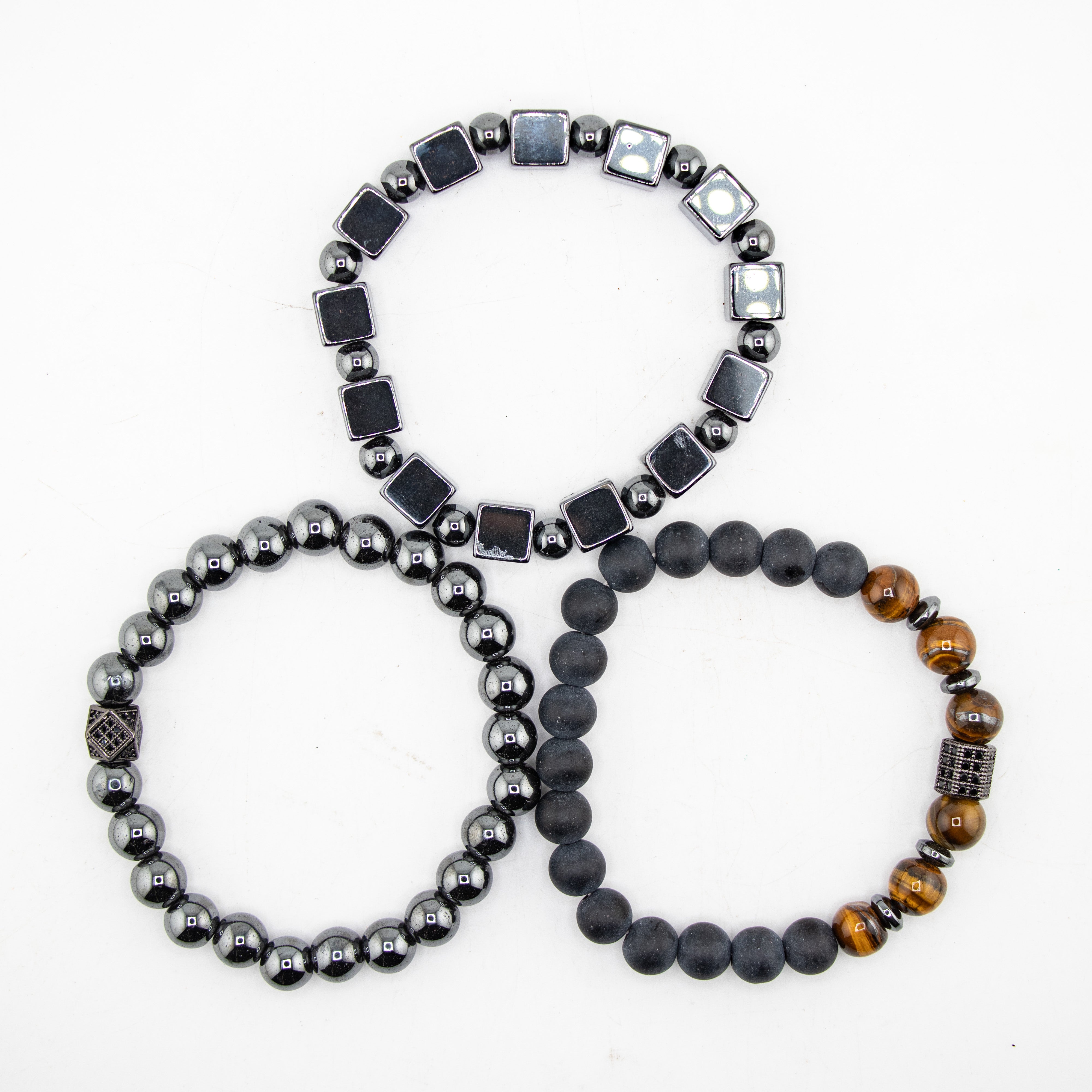 Hematite & Tiger Eye & Copper Set Bracelet, 8mm, 5 Sets in a Pack