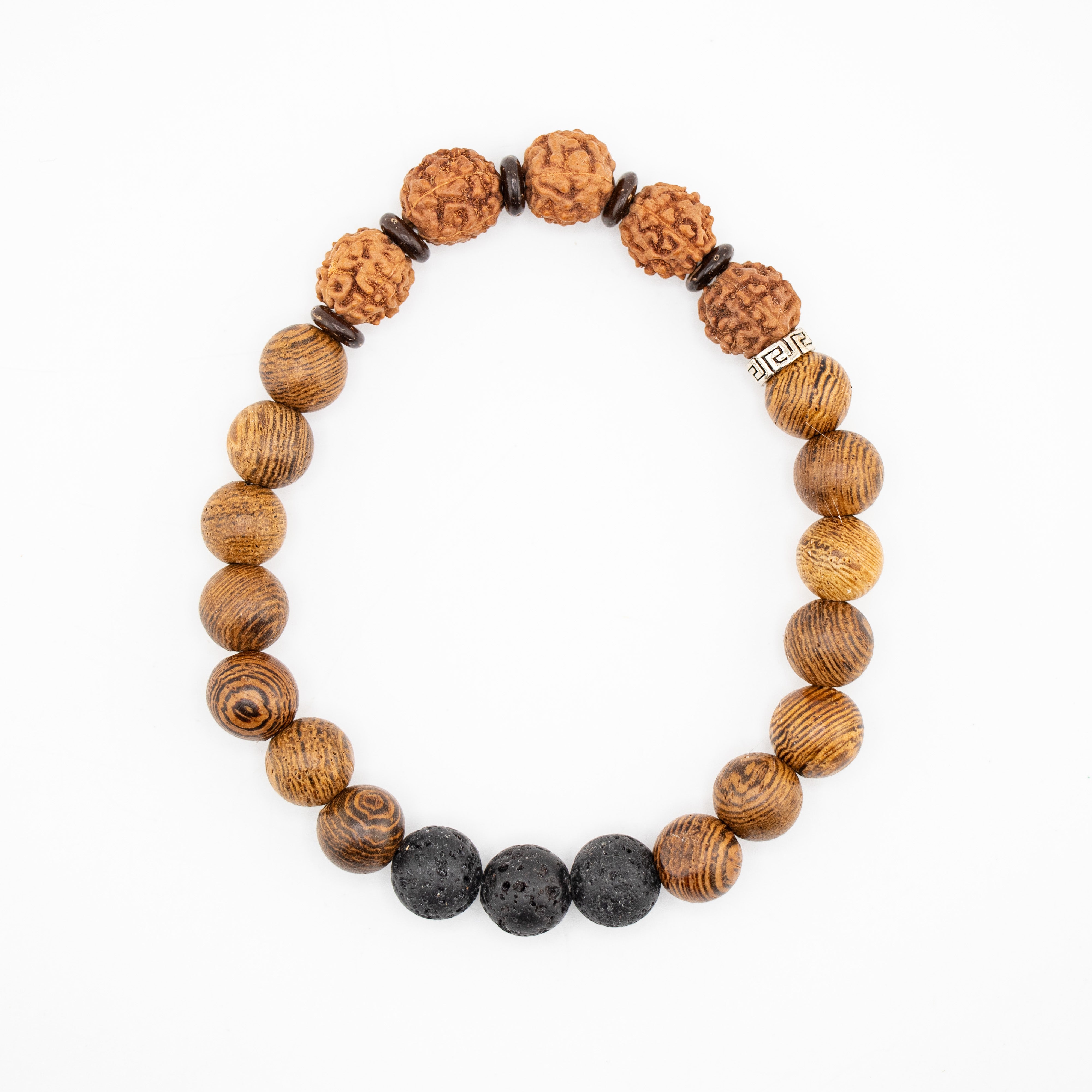 Wenge Wood & Lava Stone & Rudraksha & Coconut Bracelets, 8mm, 5 Pieces in a Pack