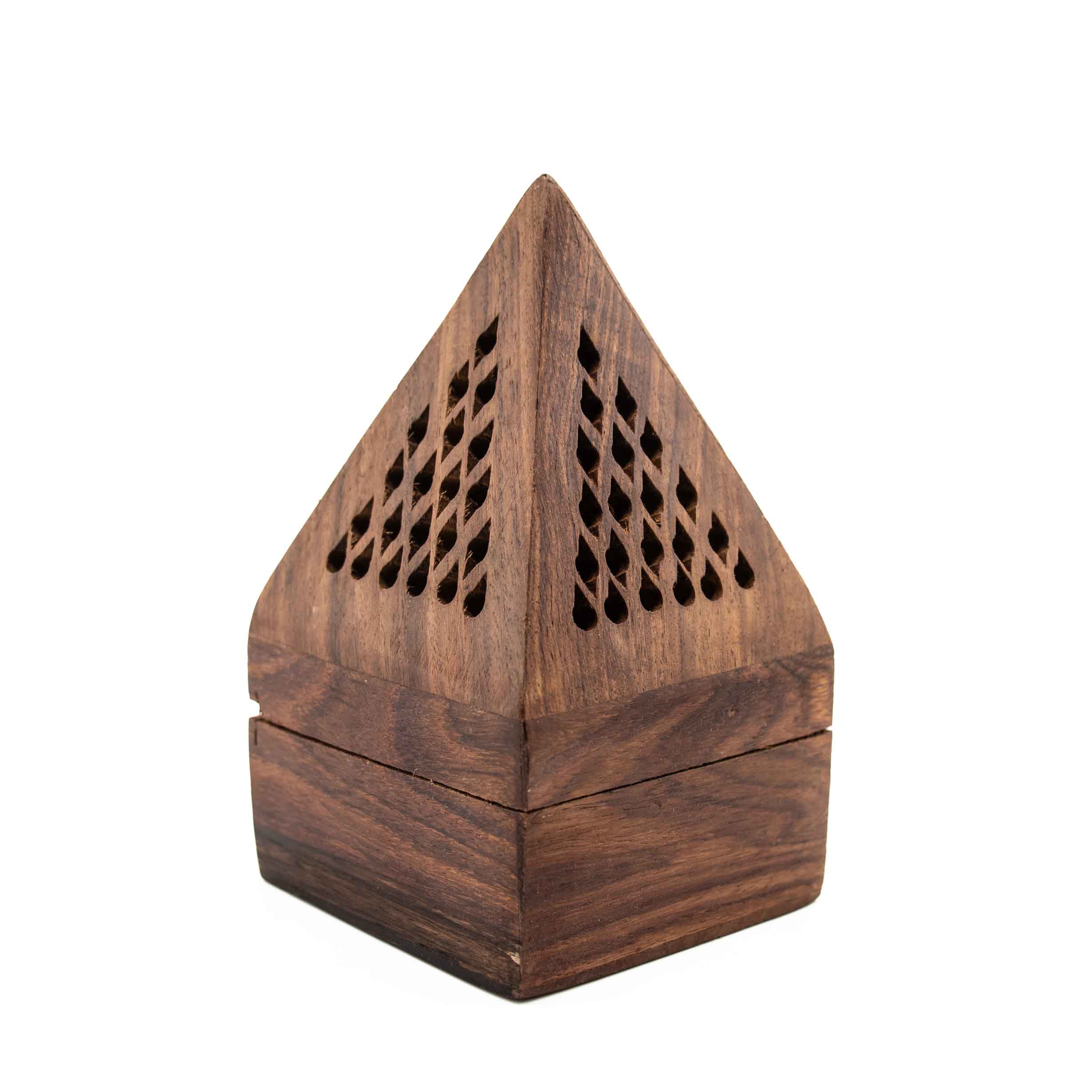 A square wooden incense burner with a pyramid-shaped lid featuring lattice-style teardrop cutouts.