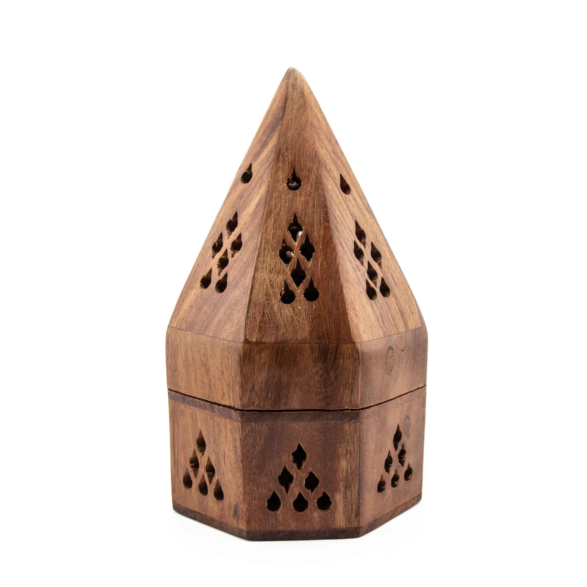 A hexagonal wooden incense burner with a pointed, temple-style lid and decorative teardrop-shaped cutouts.