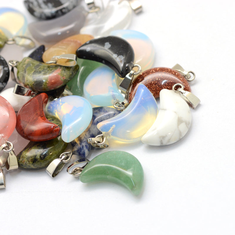 Moon Shaped Mixed Stone Pendants, 10 Pieces in a Pack