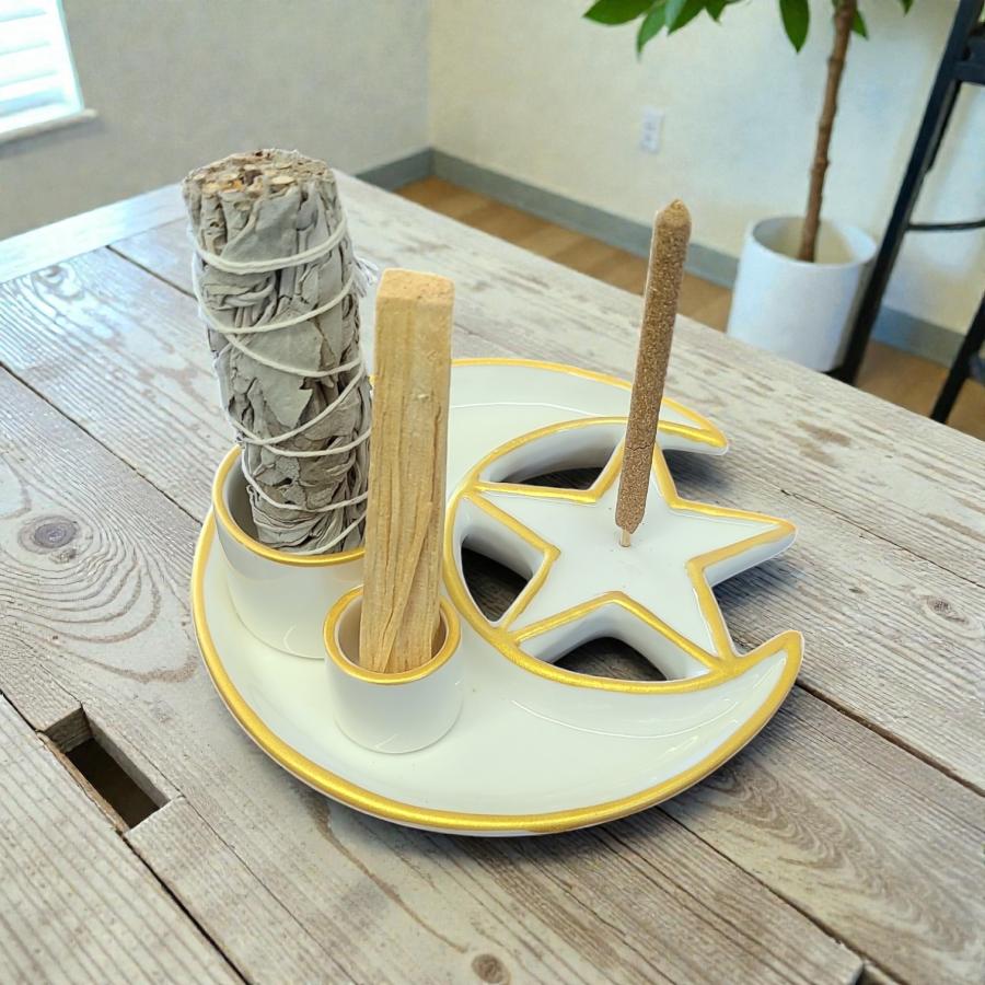 White & Gold Crescent Moon Star - 6" Ceramic Incense Burner - 1 Piece