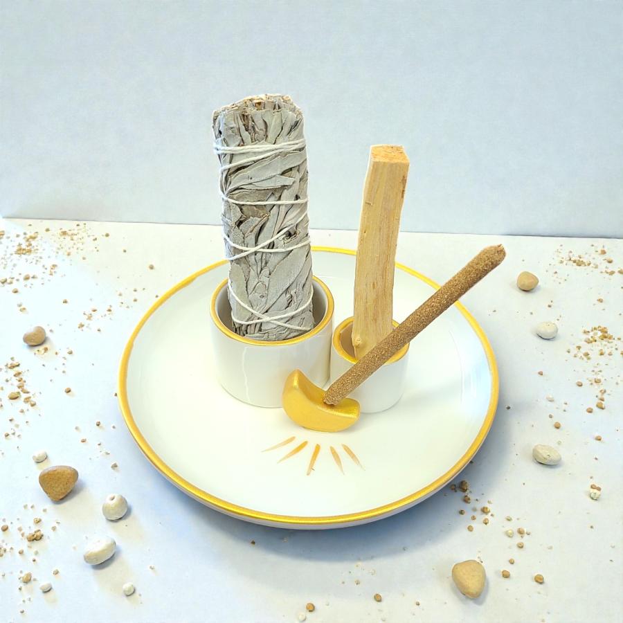 White & Gold Crescent Moon - 6" Ceramic Incense Burner - 1 Piece